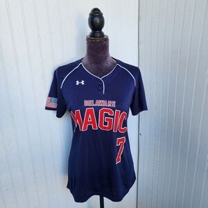 Under Armour Delaware Magic 7 Tee Athletic Gym Workout Blue Red Sz S